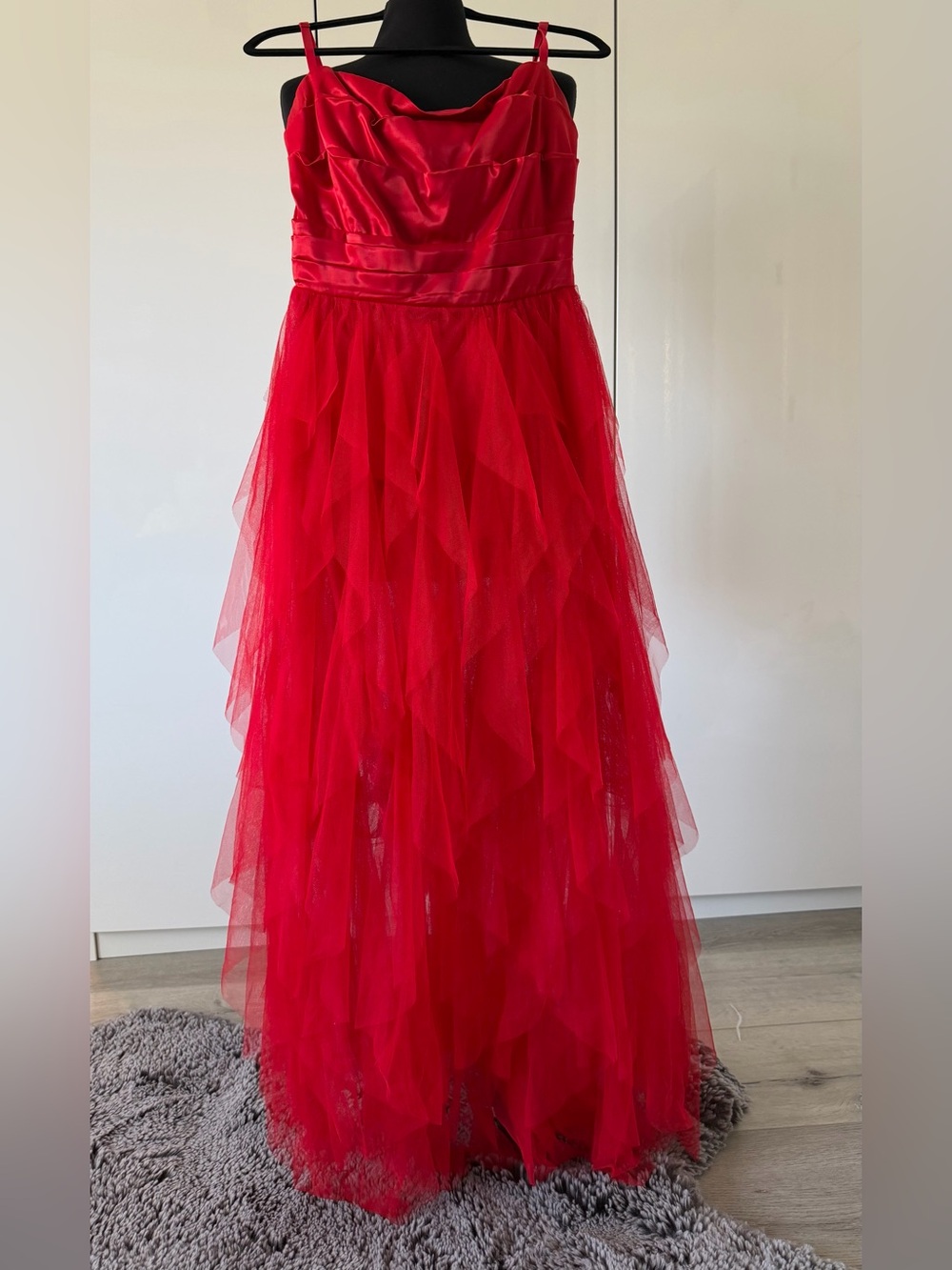 AKIRA Red Strap Spaghetti Maxi Tulle Gown